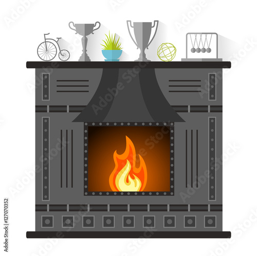 Design of the fireplace. Modern metal fireplace in the flat style. Vector illustration.