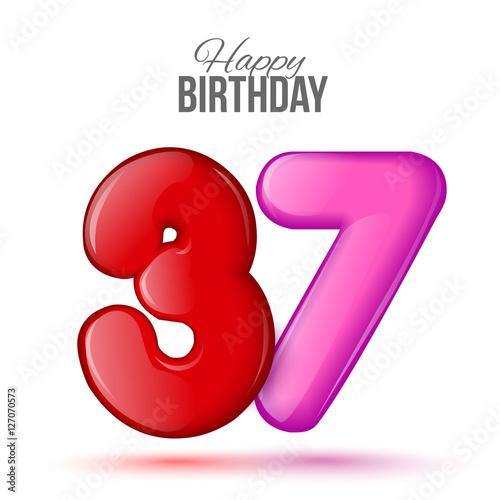 thirty seven birthday greeting card template with 3d shiny number thirty seven balloon on white background. Birthday party greeting, invitation card, banner with number 37 shaped balloon photo