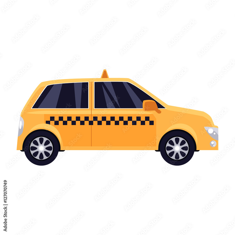Traditional yellow taxi with checker pattern, cartoon vector illustration isolated on white background. Yellow taxi, urban transportation, New York city symbol