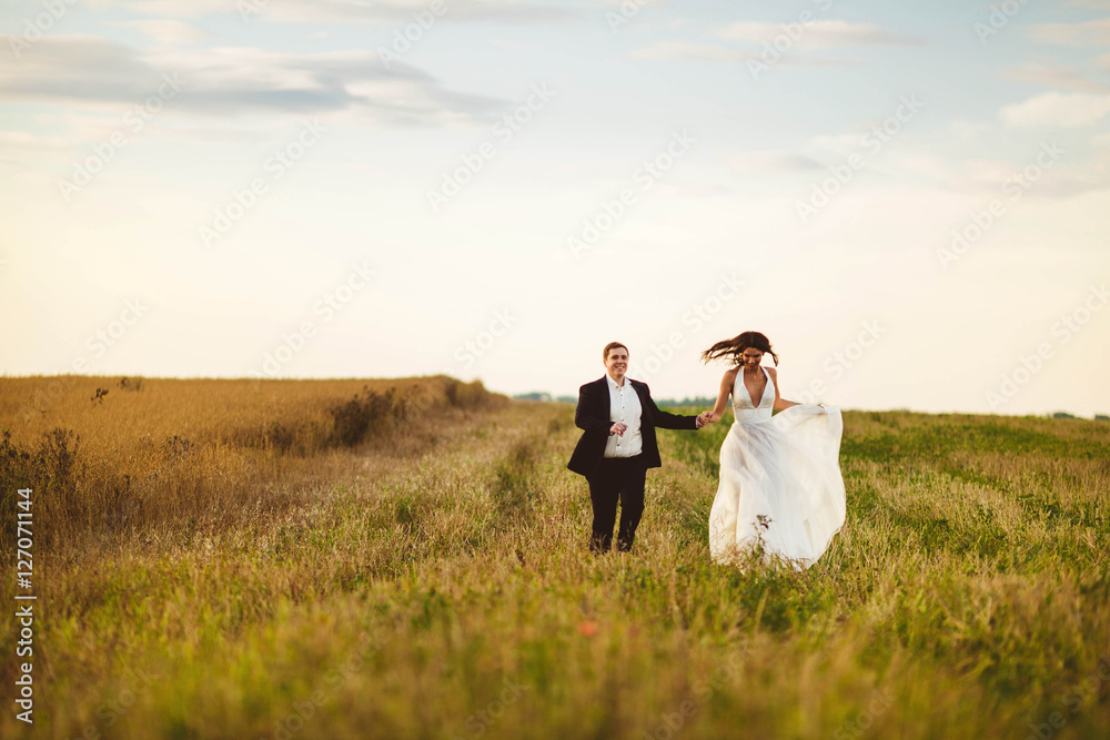 happy and young bride and groom running in the field happy and young bride and groom running in the field