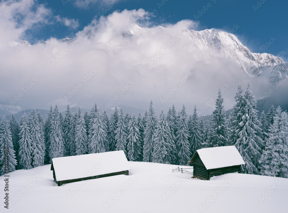 custom made wallpaper toronto digitalWinter landscape with wooden houses in the mountains