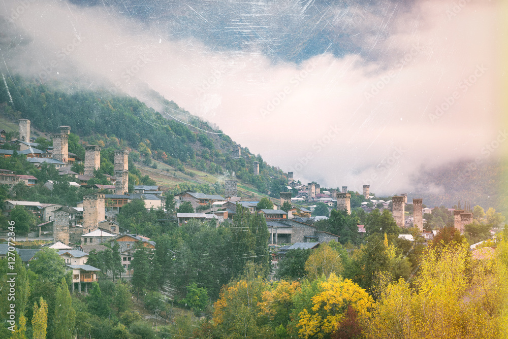 Fototapeta premium Old Georgian town of Mestia. Tourist attraction