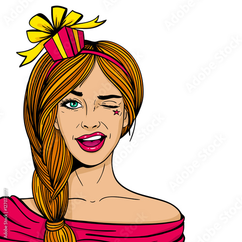Wow female face. Young sexy woman with gift box on her head smiles and winks. Vector hand drawn illustration in comic style isolated on white background.