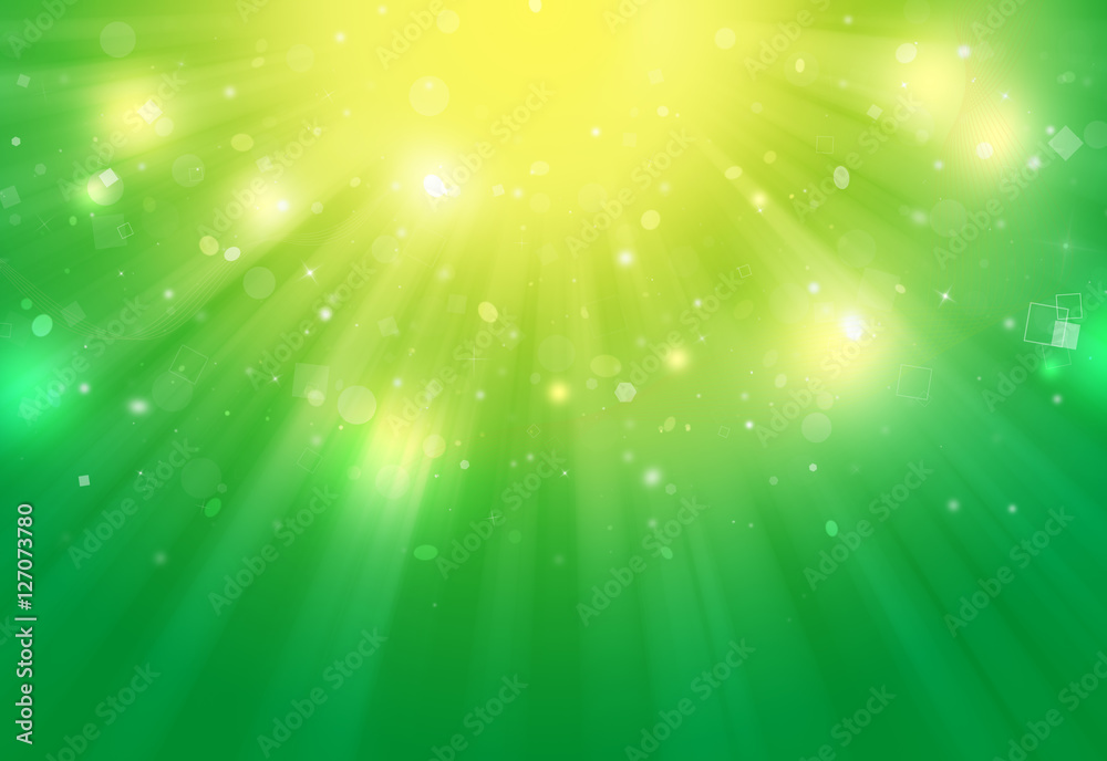 Fototapeta premium Green and yellow glitter sparkles defocused rays lights bokeh radial abstract background/texture.