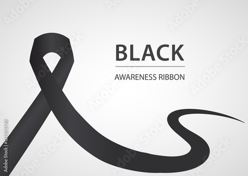 Black awareness ribbon on white background. Mourning and melanom