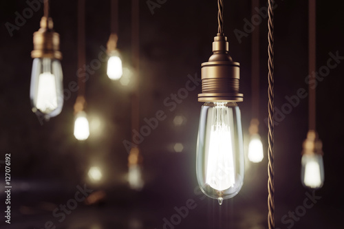 3d render mockup loft scene with vintage copper electric lamps with smooth bokeh effect and grunge wall.