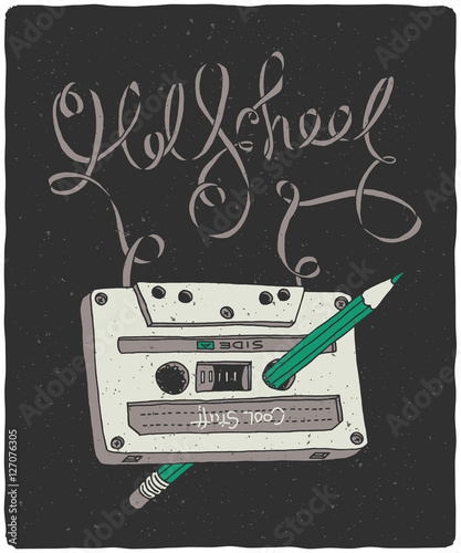 Old School audio cassette with pencil inside and jammed tape in form of lettering composition. Vector hand drawn illustration.