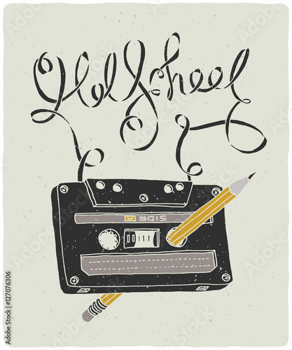 Old School audio cassette with pencil inside and jammed tape in form of lettering composition. Vector hand drawn illustration.