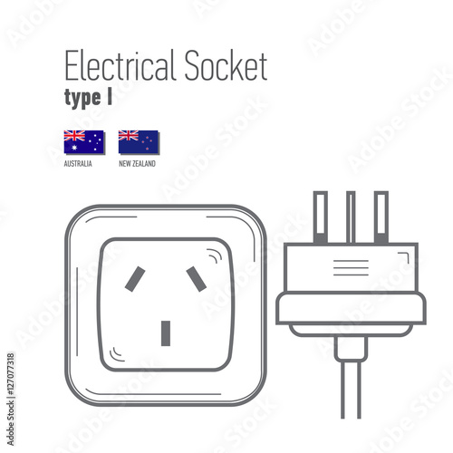 Switches and sockets set. Type I. AC power sockets icons, thin line style, flat design. Different type power socket set, vector isolated icon illustration for different country plugs