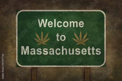 Welcome to Massachusetts with marijuana leaf roadside sign with