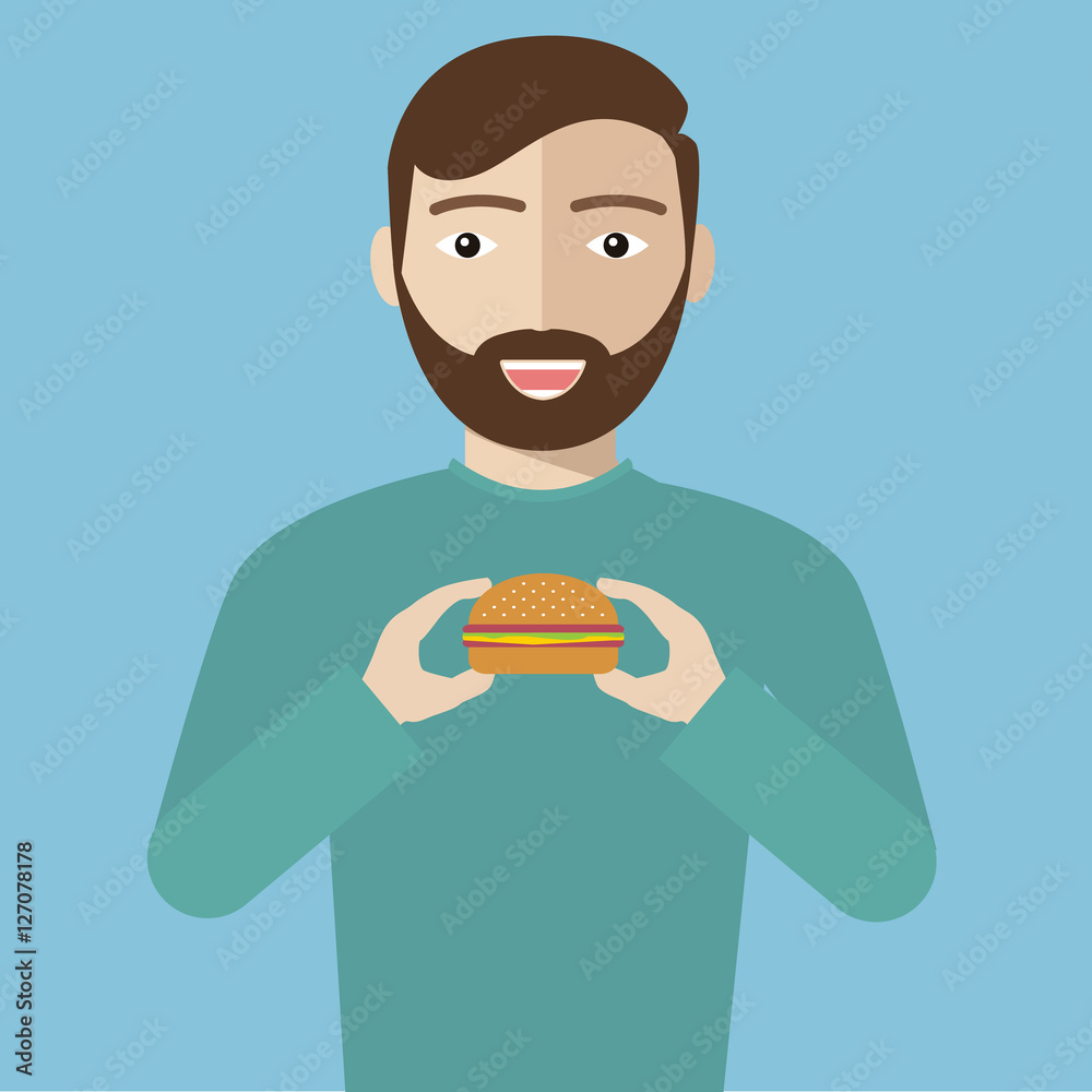 Man eating hamburger vector flat design illustration isolated on white background. Vertical layout. Man eating hamburger vector flat design illustration isolated on white background. Vertical layout.