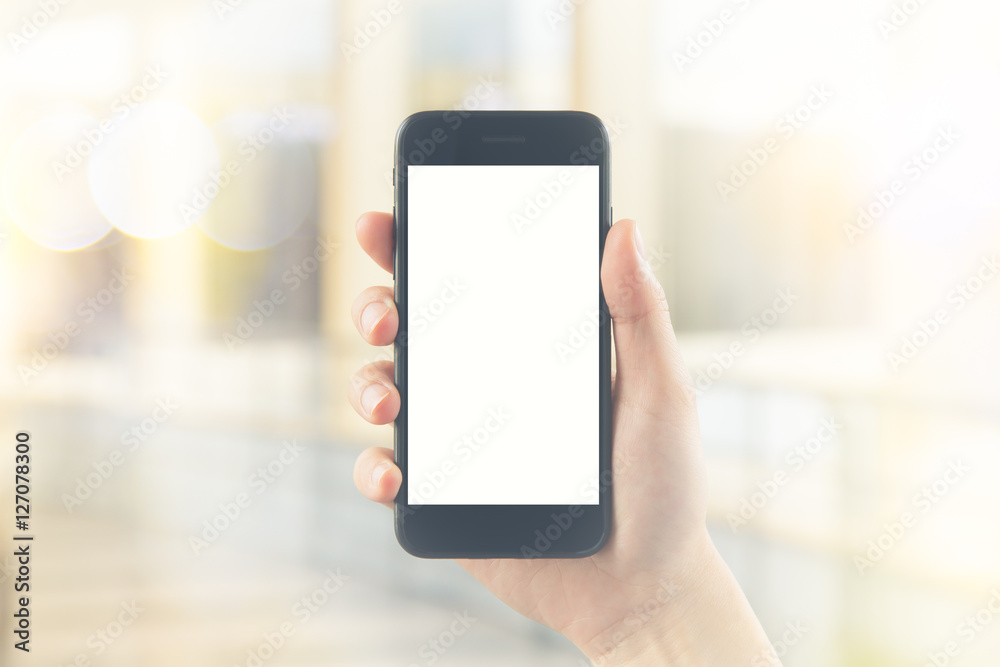 woman hand hold black smartphone blank white screen for advertising display