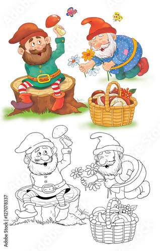 Snow White and seven dwarfs. Fairy tale. Illustration for children. Coloring book. Cute dwarfs isolated on white background. Cartoon characters.