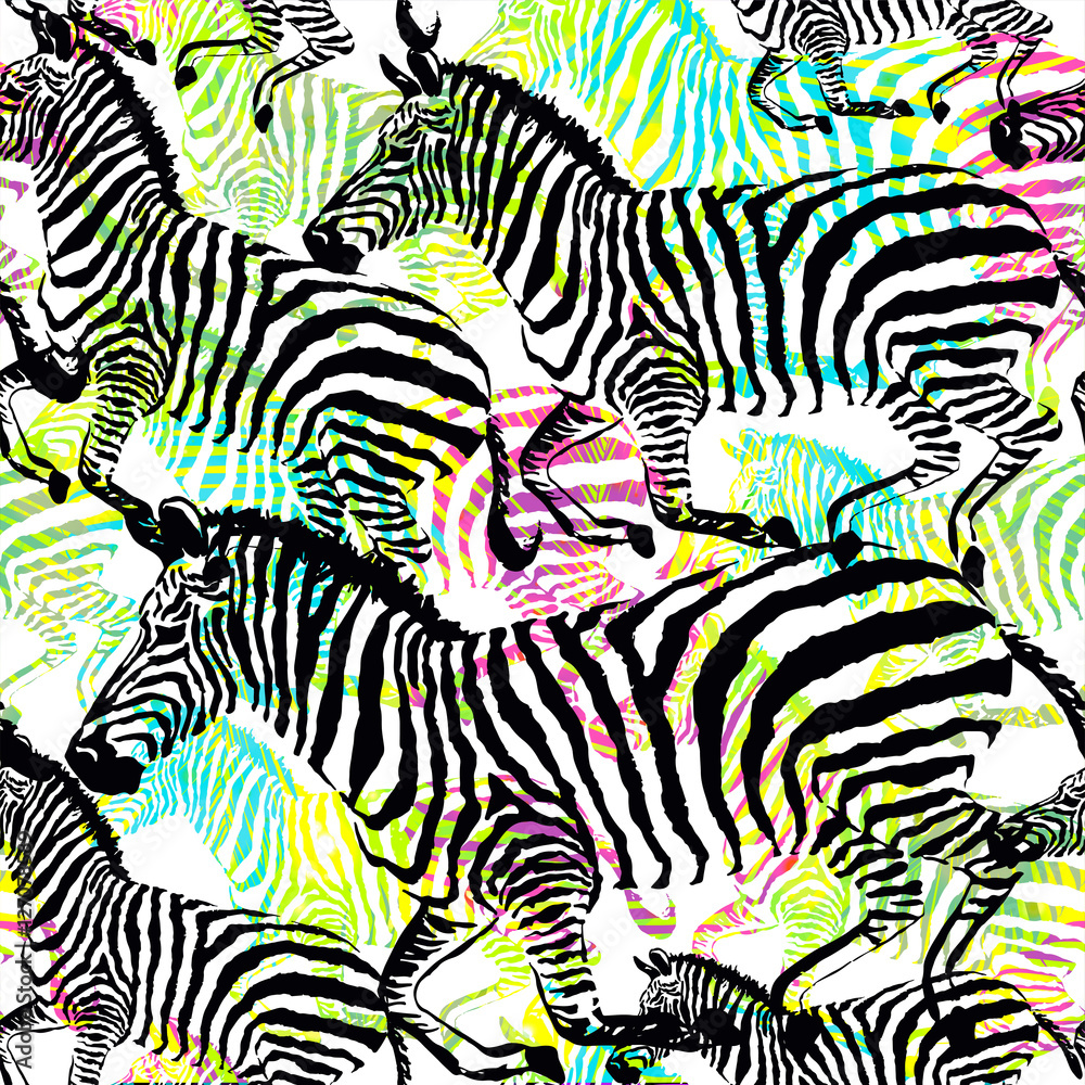 Fototapeta Composition zebra tropic animal in the jungle on colorful painting hand drawn background. Print seamless vector pattern in fashion styles