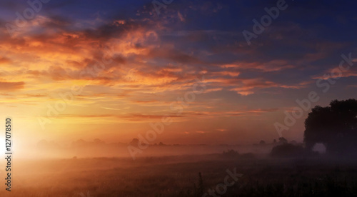 majestic dramatic scene. fantastic foggy sunset over the meadow with colorful clouds on the sky. picturesque rural landscape  misty morning. color in nature. soft selective focus