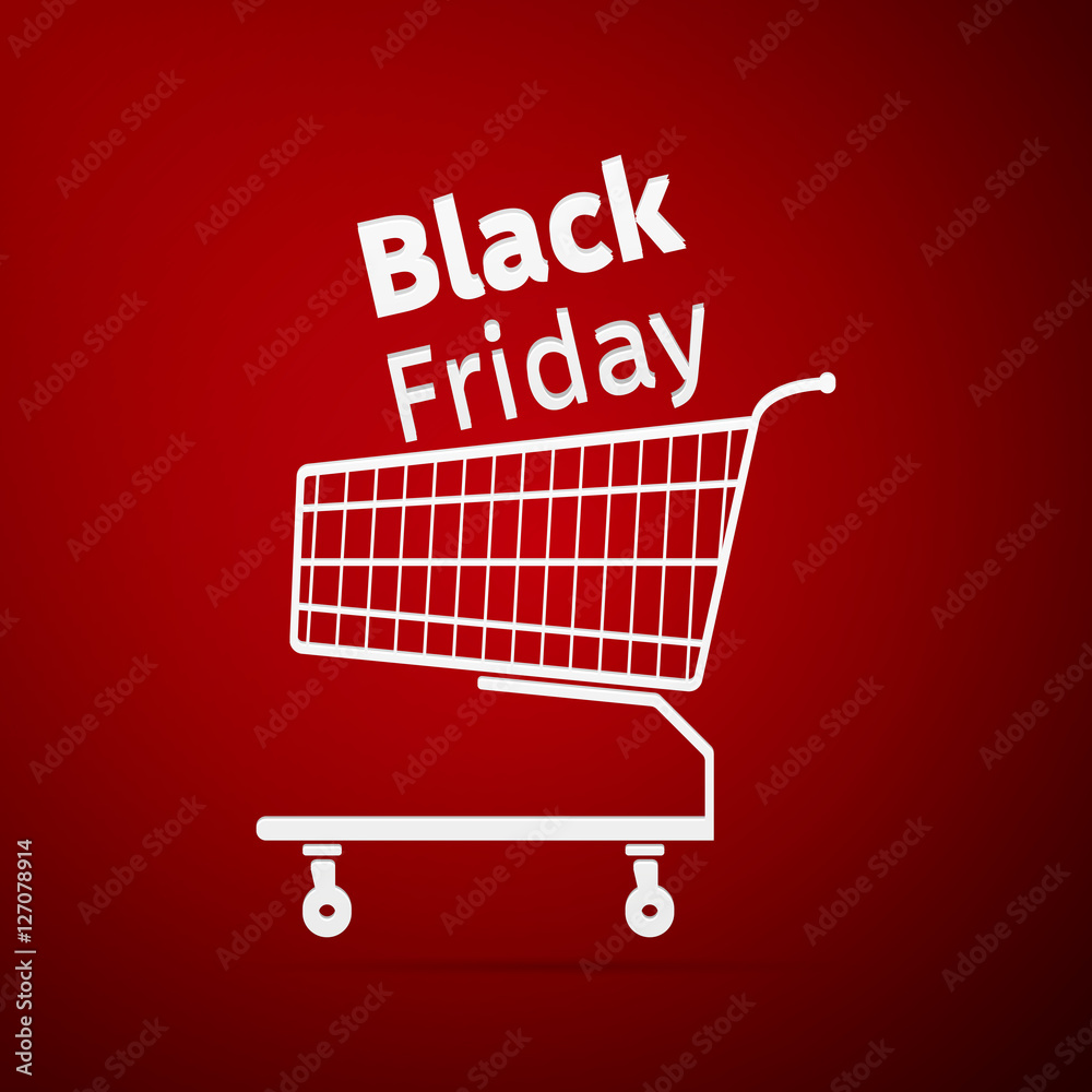 Black friday sale. Shopping cart flat icon on red background. Vector Illustration Black friday sale. Shopping cart flat icon on red background. Vector Illustration