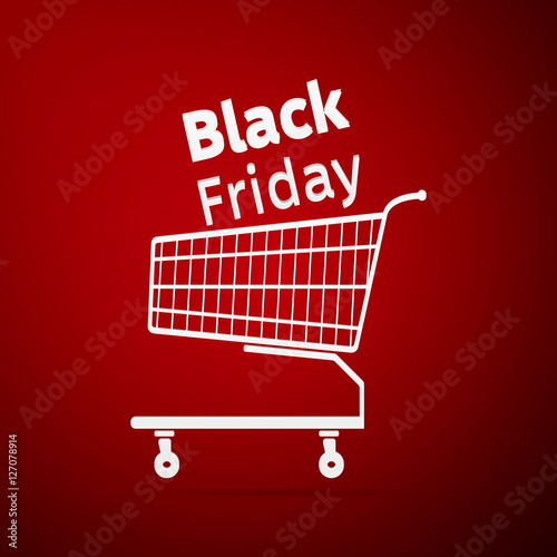 Black friday sale. Shopping cart flat icon on red background. Vector Illustration