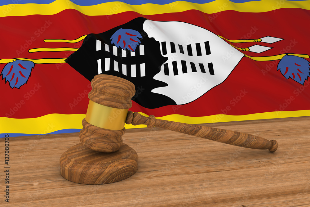 Swazi Law Concept - Flag of Swaziland Behind Judge's Gavel 3D Illustration