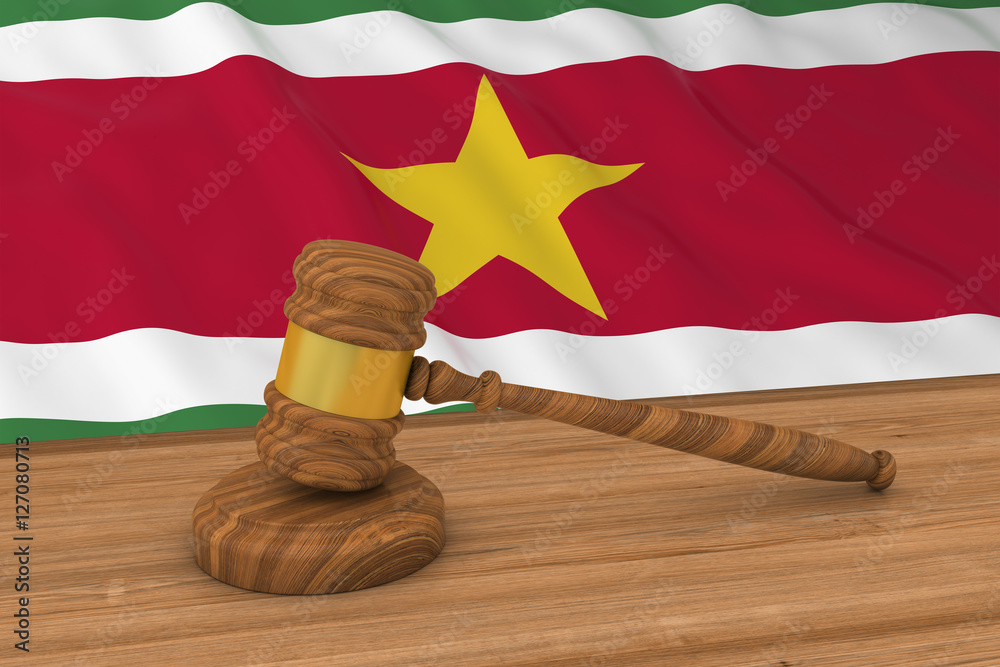 Surinamese Law Concept - Flag of Suriname Behind Judge's Gavel 3D Illustration