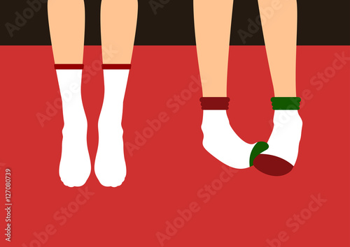 Legs in socks Vector illustration Two pairs of slim female legs in white socks on red background