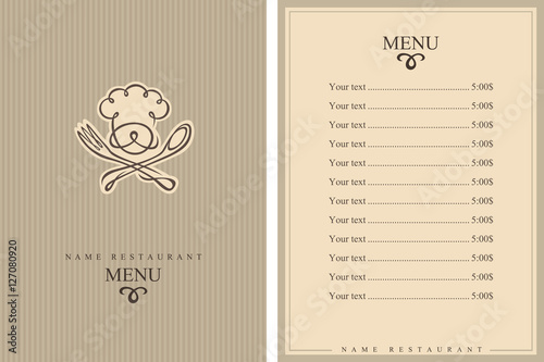 menu design with whiskered cook and kitchenware