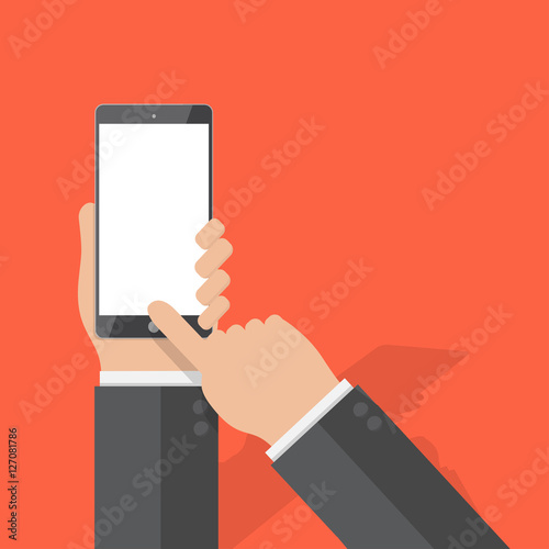 hand of businessman hold phone and touch phone ,business concept,flat design,vector eps10