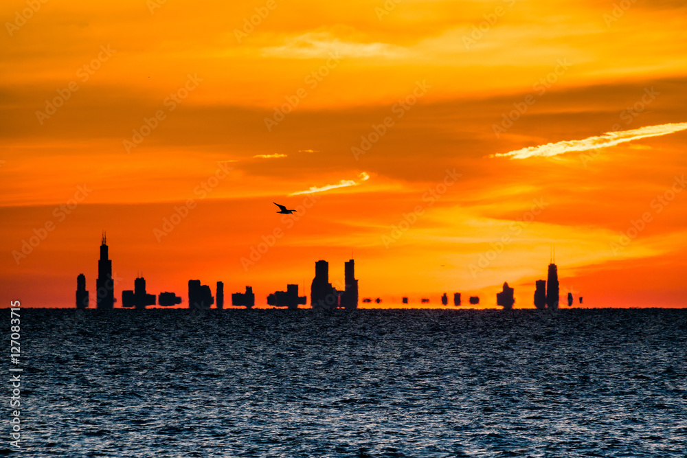 Chicago Skyline at Sunset - View from Indiana Dunes State Park