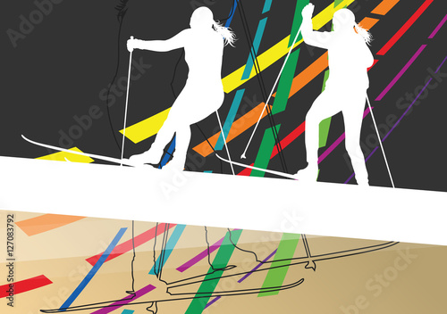 Active young women skiing sport silhouettes in winter abstract l