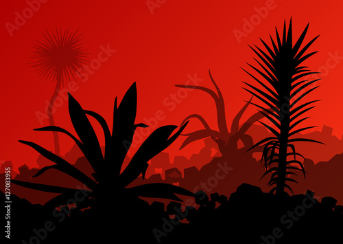 Cactus detailed silhouettes nature desert landscape illustration