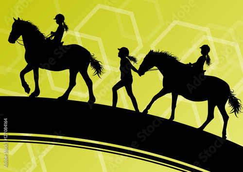 Horses with young children riders healthy active sport vector ba