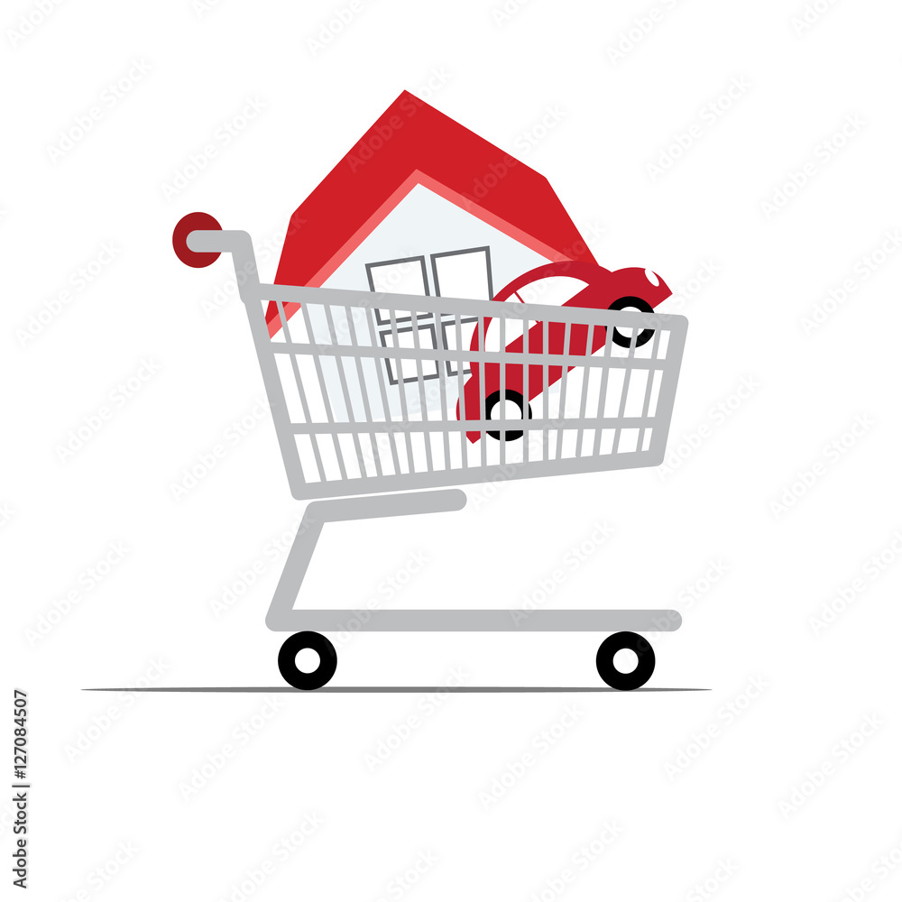 Car and home in shopping cart Car and home in shopping cart