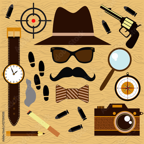 Private detective symbols flat colorful vector set
