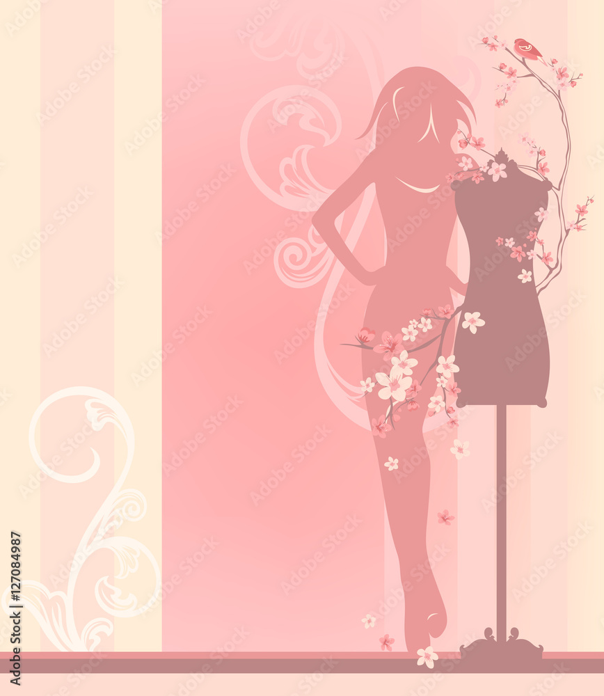 spring fashion atelier with flower branches and mannequin spring fashion atelier with flower branches and mannequin