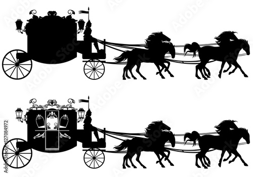 retro style carriage with horses black and white vector design