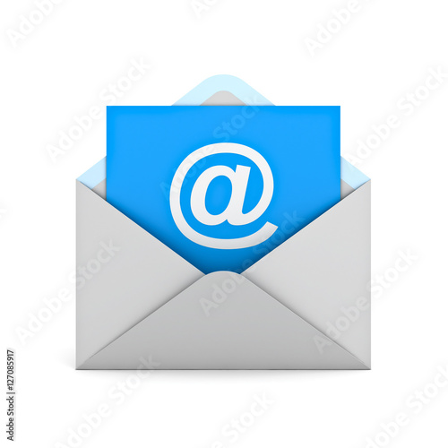 Email concept at sign on blue paper in white envelope isolated over white background with shadow 3D rendering