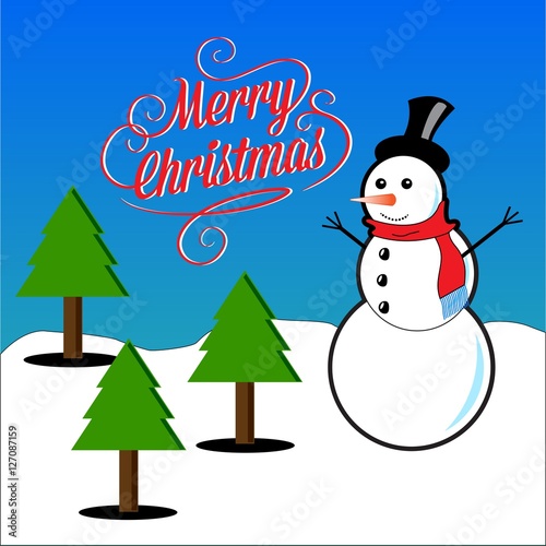 Merry Christmas subtitles with snowman and pine trees