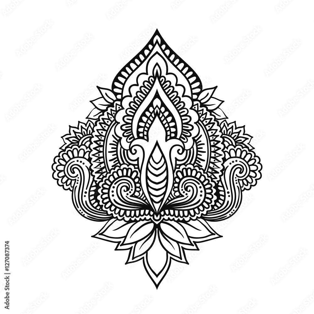 Obraz premium Vector ornamental Lotus flower, ethnic art, patterned Indian paisley isolated on white background. Hand drawn illustration for adult antistress relax coloring page, books.