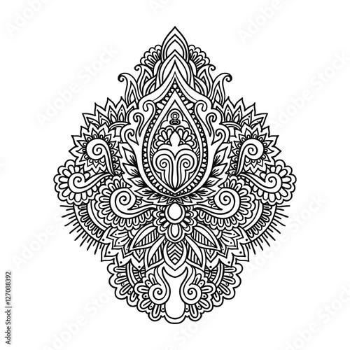 Vector ornamental Lotus flower, ethnic art, patterned Indian paisley. Hand drawn illustration in zentangle and doodle style. antistress coloring page for adult  children.
