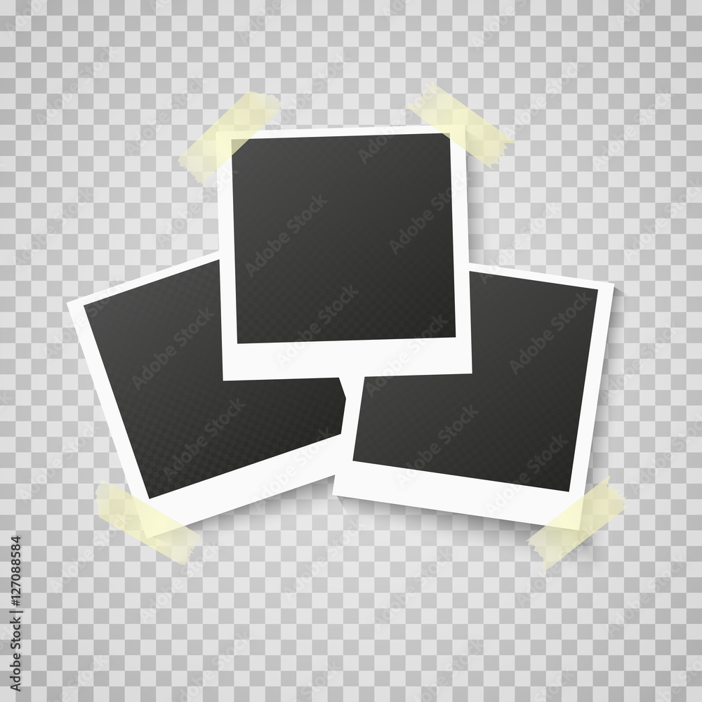 Realistic vector photo frame on sticky tape. Template photo design. Polaroid on transperent Realistic vector photo frame on sticky tape. Template photo design. Polaroid on transperent