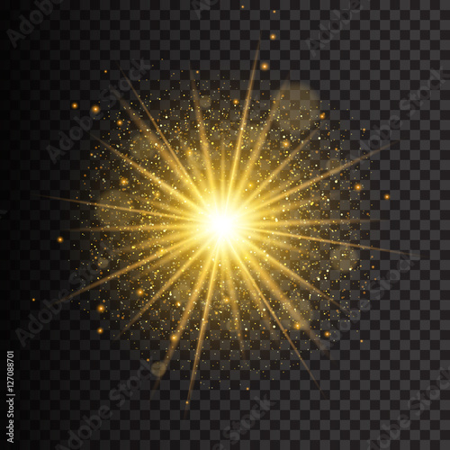Transparent Golden Glow light effect. Star burst with sparkles
