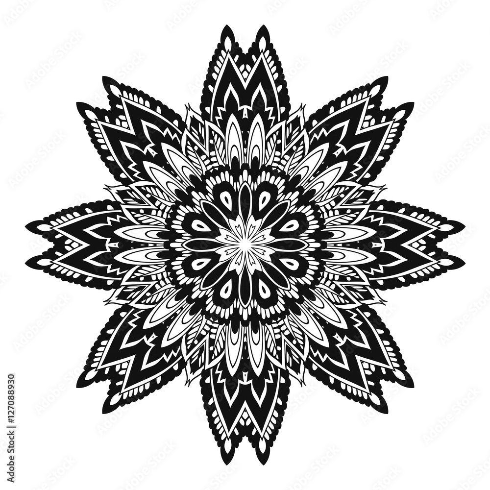 Hand Drawn Henna Abstract Mandala Flowers and Paisley Doodle, antistress for adult Coloring Page for coloring book