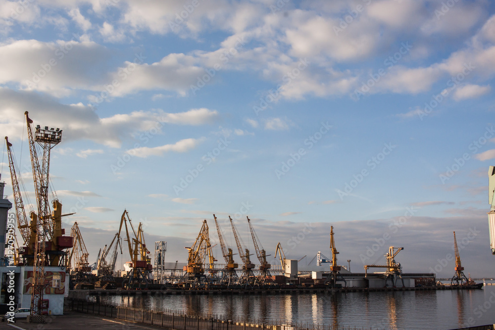 industrial landscape with sea port,cranes and ships