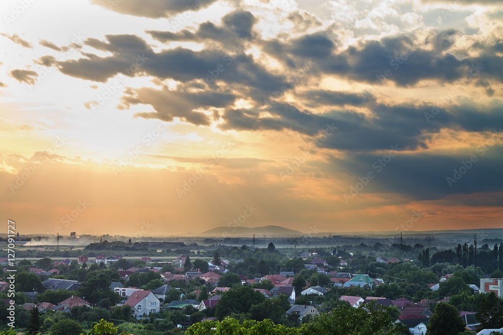 evening landscape with the Ukrainian town of Mukachevo