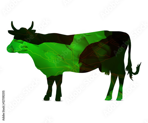 Silhouette of cow with leaf veins and stone cubes. Milk drink.