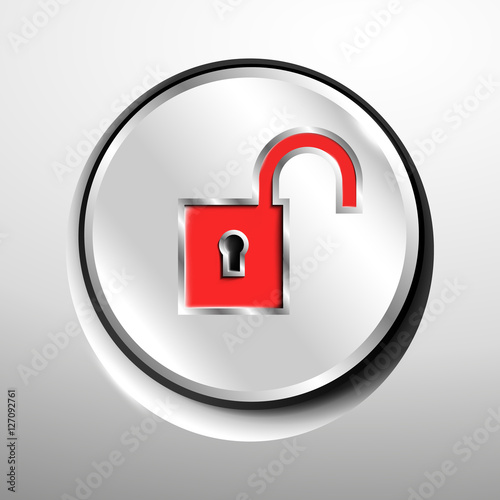 3d logo of chrome unlocked padlock (red) button.