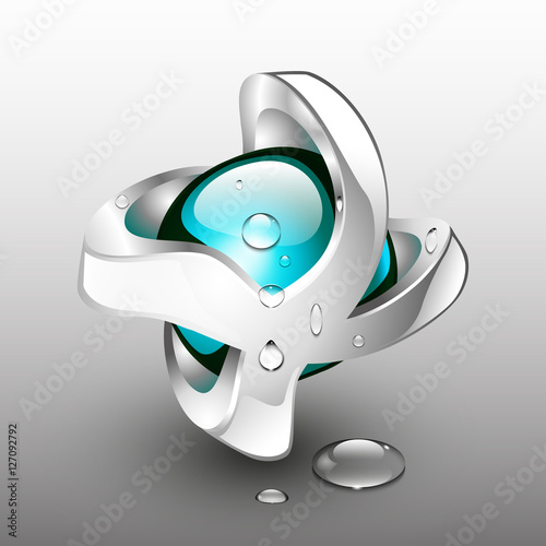 3d abstract logo of water drop with distorted silver framing. Badge of liquid products, removers, website emblem, chrome materials, vibrant objects, multiplication sign.