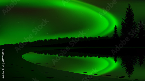 Green northern lights above coniferous forest and lake. Website template.