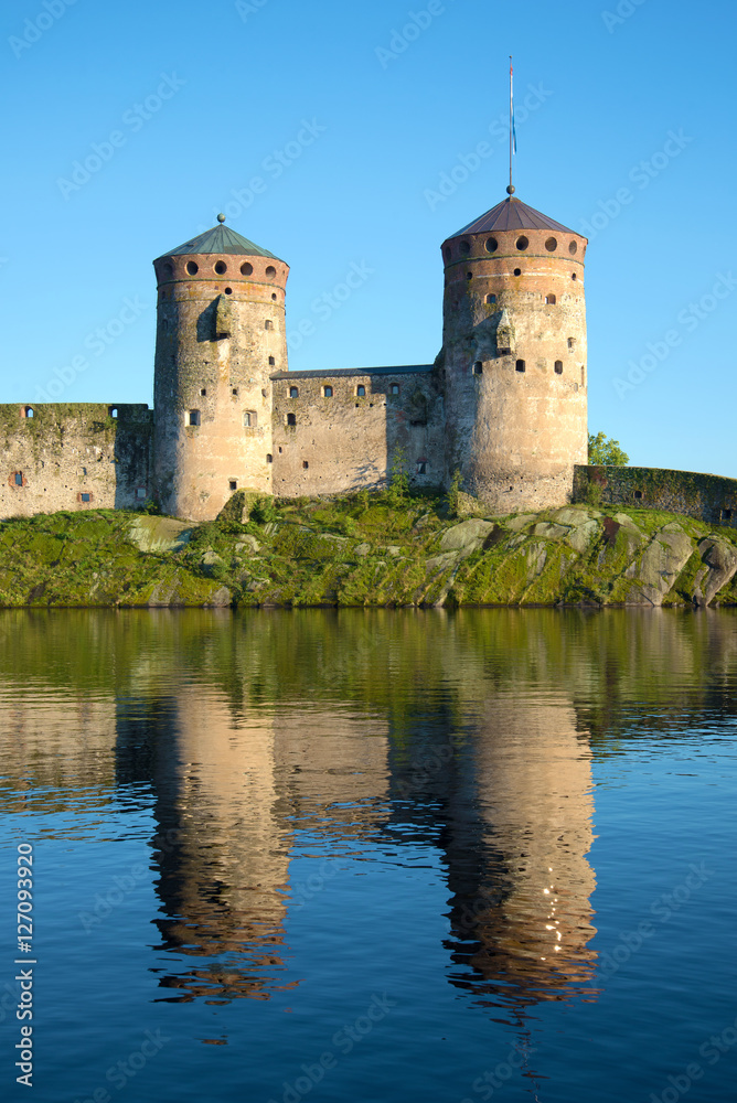 Two towers of the medieval fortress Olavinlinna closeup. Savonlinna, Finland