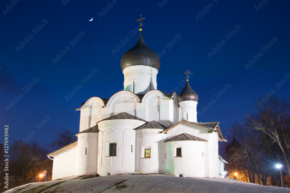 Medieval orthodox church of Basil the Great on February night. Pskov, Russia Medieval orthodox church of Basil the Great on February night. Pskov, Russia