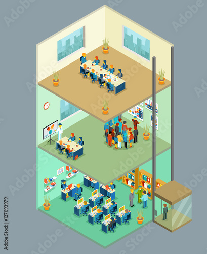 Isometric business center. Vector 3d office building with people